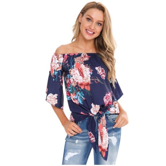 Off Shoulder Blouse Blue Red Floral Tie Front - Picture 2 of 13